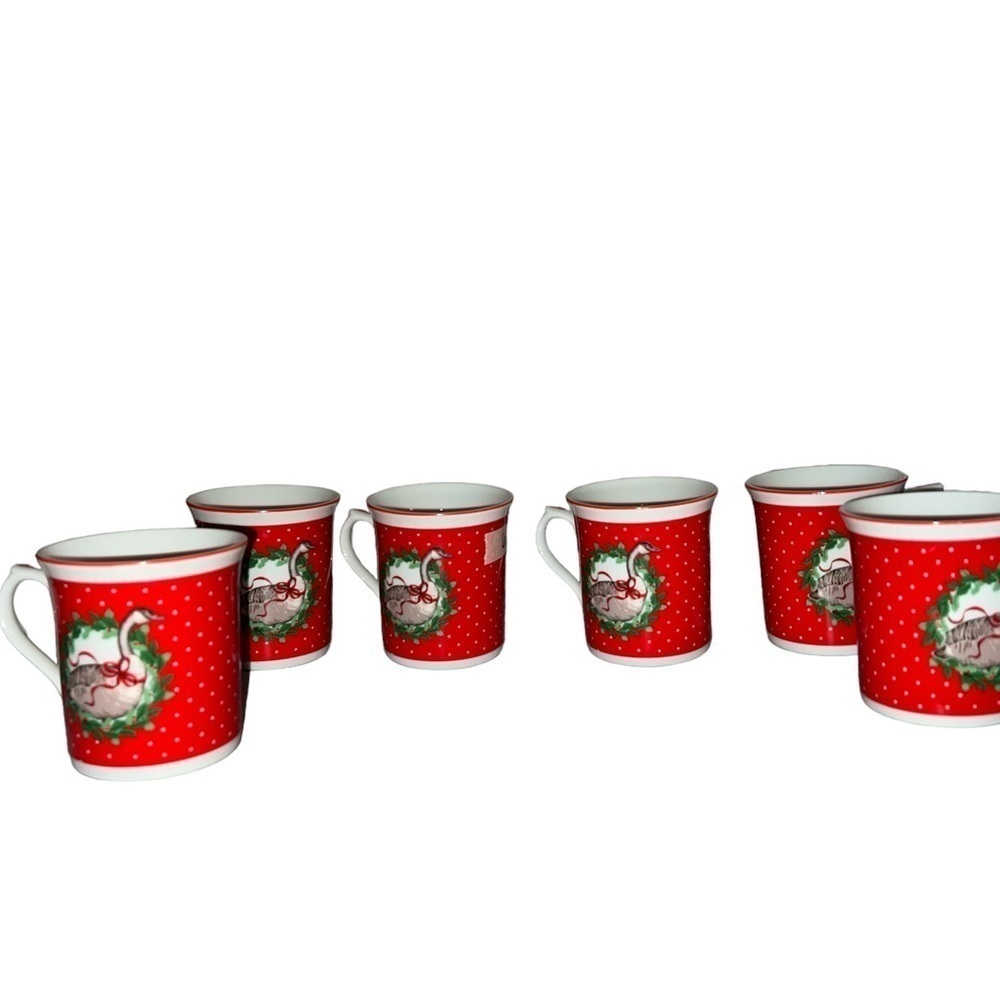 Vintage 1985 Red & White Mugs Christmas Goose Wreath George Good By Fabrizio 4 - Picture 5 of 5